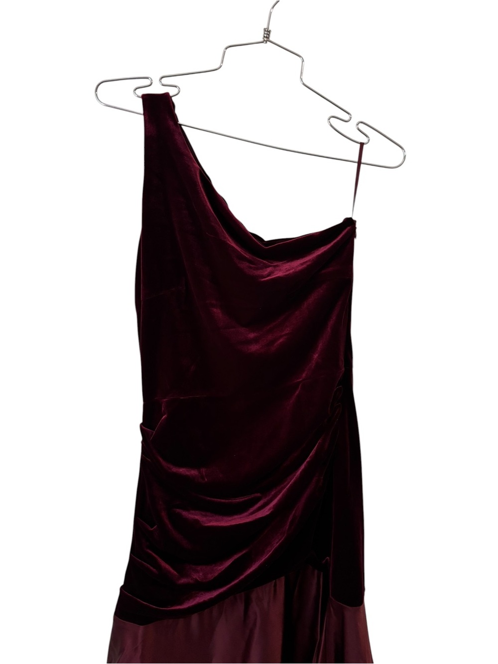 NWT Fehaute Burgundy Satin Ruched Velvet One Shoulder A-Line Gown Dress Size 4 - Picture 10 of 11